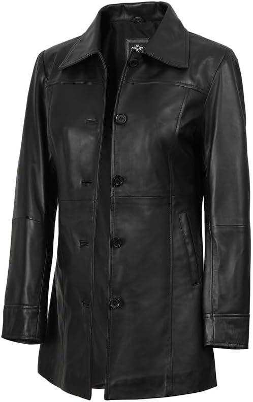 Denny&Dora Women's Black Leather Trench Coat with Real Fox Fur