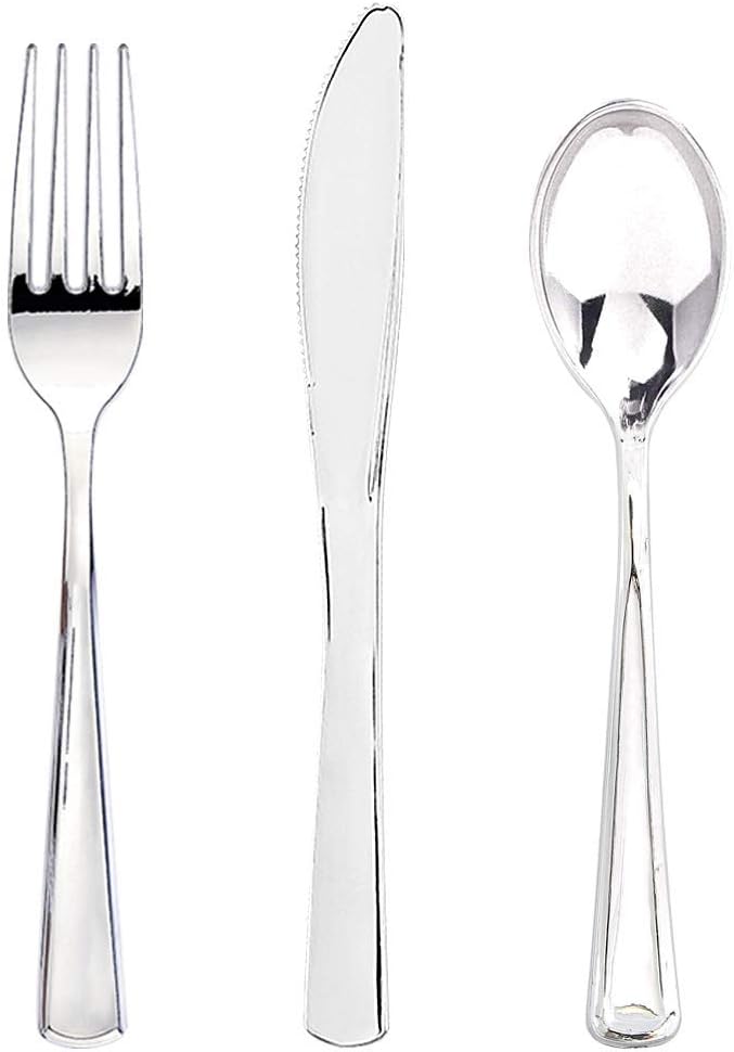 WDF 180 Pieces Silver Plastic Silverware, Silver Plastic Cutlery-Disposable Flateware Set 60 Forks, 60 Knives and 60 Spoons