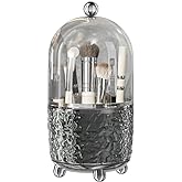 JUPITER WARRIOR Makeup Brush Holder with Lid, 360° Rotating Cosmetic Tools Organizer with Cover, Dustproof Spinning Makeup Brush Organizer for Vanity, Ideal Gift for Girlfriend Wife Friends (Gray)