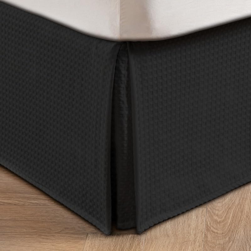 MIYE Pleated Waffle Weave Bed Skirt, Tailored Dust Ruffle 18 Inch Drop Easy Fit, Machine Washable (Black, Twin - 18" Drop)