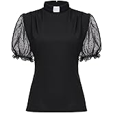 Womens Church Clergy Shirt Tab Collar Tulle Mesh Lantern Short Sleeves Slim Blouse Top