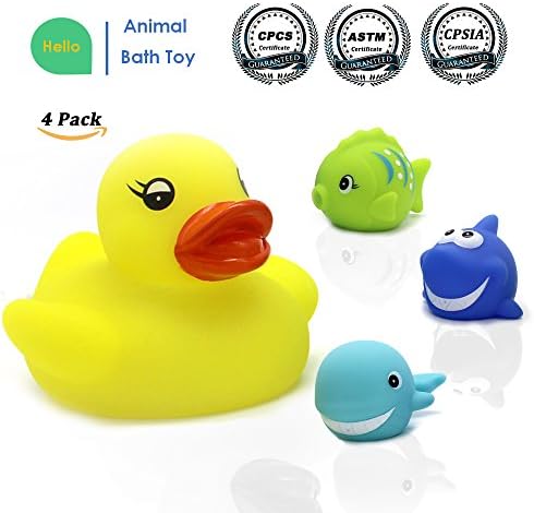 Bath Toy, 4-Pack Little Squirts Bathtime Toy, Rubber Shower Floating Toys, Bathtime Bathtub Toy For Bathroom Kid Boys Girl Toddler Child, Assorted Sea Animal Characters Duck, Fish, Shark, Dolphin