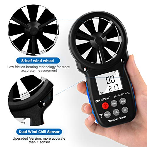 HOLDPEAK 866B-WM Digital Anemometer Handheld Wind Speed Meter with Altitude and hpa measurement, for Measuring Wind Speed, Temperature (℃/℉),Dew point and Wind Chill with Backlight and Humidity Tester