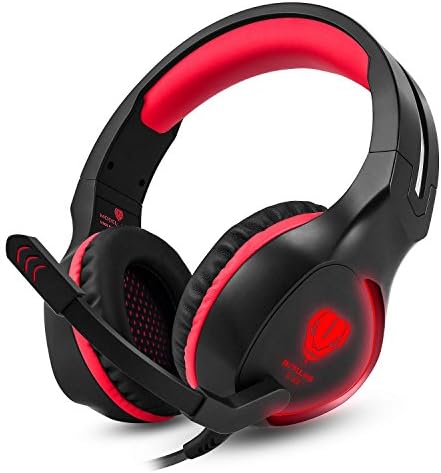 Gaming Headset MFEEL Over Ear Headphones with Mic for PS4 Xbox One S PC Laptop Tablet iPhone iPad Mobile Phones - Easy Volume Control & LED Lighting - Black Red