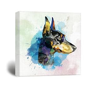 Square Dog Series Canvas Wall Art - A Dobermann Painting with Blue Color Splash Background - Giclee Print Gallery Wrap Modern Home Art Ready to Hang - 12x12 inches