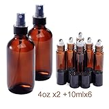 4oz and 10ml (2+6) Spray Bottle and Roller Bottle Set, Empty Refillable Amber Glass Bottles, Stainless Steel Roll On Balls, Black Fine Mist Sprayer, for EO, Tonner, Perfume or DIY Mosquito Repellent