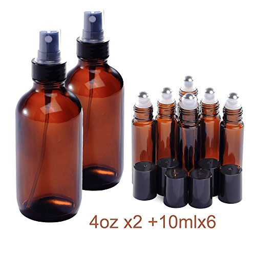 4oz and 10ml (2+6) Spray Bottle and Roller Bottle Set, Empty Refillable Amber Glass Bottles, Stainless Steel Roll On Balls, Black Fine Mist Sprayer, for EO, Tonner, Perfume or DIY Mosquito Repellent