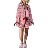 Juakoso Women Satin Christmas Pajama Set 2 Piece Silky Bow Tie Long Sleeve Shirts Ruffle Shorts Pjs Set Xmas Lounge Set