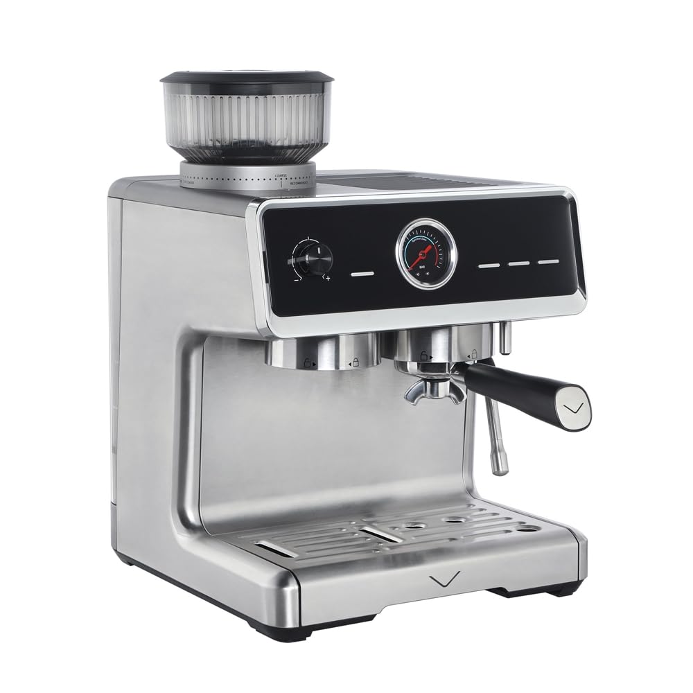Vestel SESM9090 X Grinding Siebträgermaschine mit Auto-Tamping-Funktion, Edelstahlkegelmahlwerk, 200 gr Kaffeebohnenbehälter, 20 Bar, 1500 W, Edelstahl/schwarz, 15000412 5