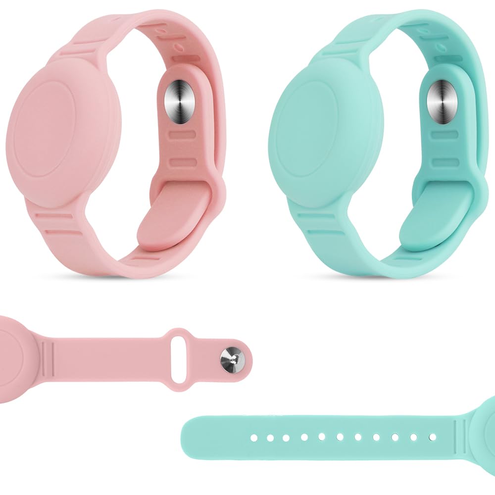 WALLFID 2 Pack Airtag Waterproof Wristband Compatible with Apple AirTag,Soft Adjustable Airtag Bracelet, Airtag Watch Band for Kids Toddler Baby Children Elders (Light Blue & Pink Plus)