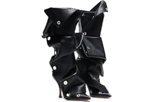 VOMIRA Women's Knee High Boots Stiletto Boots Pointed Toe High Heels Wide Calf Ruched Slouchy Boots Detachable Snap-off Panel Mid Calf Boots Black Boots