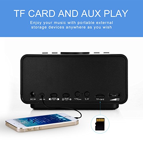 Digital Alarm Clock with Snooze and Battery Backup, FM Radio Dual USB Charging Bluetooth Speaker Aux Line-in for Bedrooms Kids Home Hotel Office (Black)