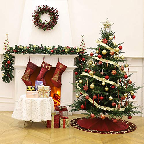 ExcMark 48 inch Burgundy Christmas Tree Skirt with Gold Plaids and Check Trim