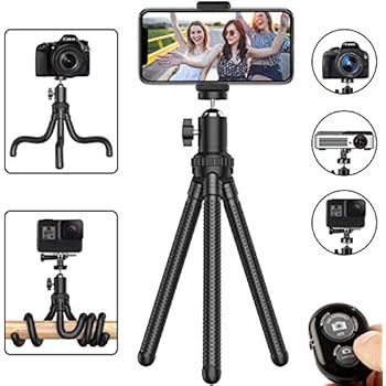 Phone Tripod, Flexible Cell Phone Tripod Adjustable Camera Stand Holder with Wireless Remote and Universal Clip 360° Rotating Mini Tripod Stand for iPhone, Samsung Android Phone, Sports Camera GoPro