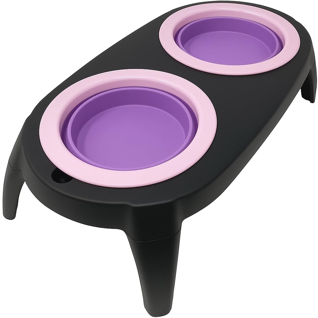 Copper Top - Collapsible Pet Feeding Bowl Set with Foldable Tray- Easy to Clean, Store and Anti-Slip Stand Great for Travelling Hiking Camping Home Indoor Outdoor (Purple)
