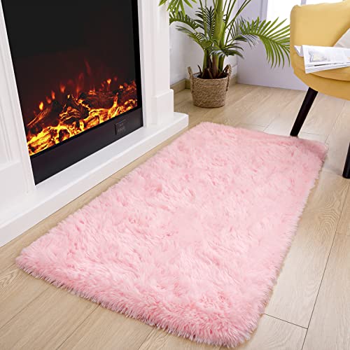 Noahas Fluffy Bedroom Rug Plush Fuzzy Rugs for Kids Room Living Room, Soft Shaggy Nursery Rug Furry Floor Carpet Modern Indoor Bedroom Decor Cute Boys Girls Room Rug, 2x4 Feet, Pink