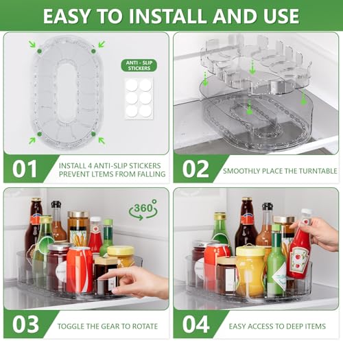 Turntable Organiser for Fridge, 360°Rotating Spice Racks Clear PET Lazy Susan Spice Rack, Revolving Condiment Holder for Easy Kitchen Storage and Shelf Organization, 33x7.3×21.5cm