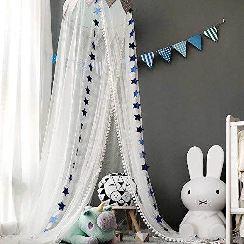 Dix-Rainbow Bed Canopy with Pom Pom Hanging Mosquito Net for Baby Crib Kids Twin Full Queen Size Bed, Lace Round Dome Fairy Netting Curtains, Kids Play Tent Reading Nook Castle Games House - Blue - Thumbnail 3