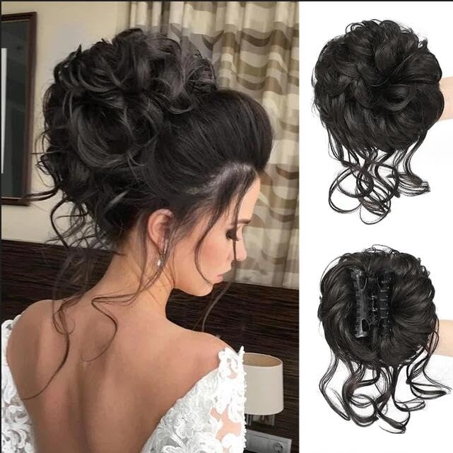 Claw Clip Messy Bun Hairpiece - Curly Wavy Hair Ponytail, Tousled Updo Donut Chignon, Synthetic Extensions for Women Girls (#1B)