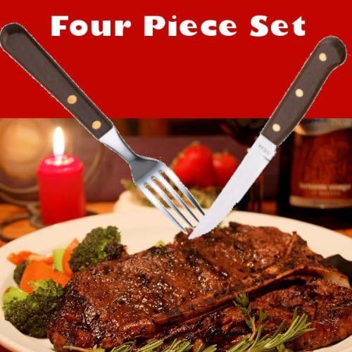 Restaurant Quality 4 Piece Steak Knife and Fork Set with Wood Handles and Stainless Steel Blades.