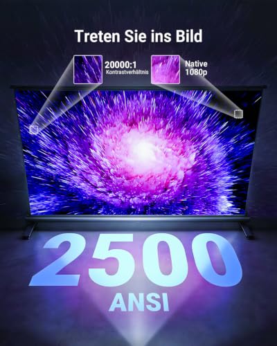 Smart Beamer【Google TV, Auto-Objektivabdeckung, 2500ANSI】 Beamer 4K Heimkino mit Autofokus & 6D Trapezkorrektur, Full HD 1080P, WiFi6, 360° Drehbarer Tragbarer Projektor mit APP für Outdoor/Handy
