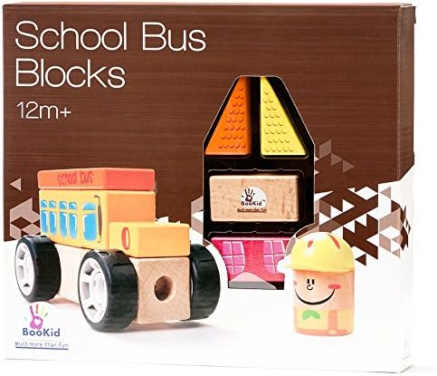 BooKid Durable Wooden Blocks School Bus Toddler Toys 19 Pieces Includes Driver, School Bus, and School Blocks