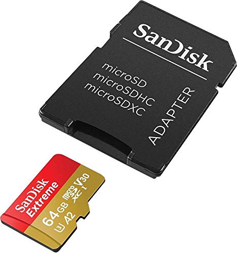 SanDisk Extreme 64 GB microSDXC Memory Card + SD Adapter with A2 App Performance + Rescue Pro Deluxe, Up to 160 MB/s, Class 10, UHS-I, U3, V30, Red/Go