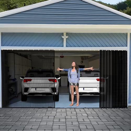 Photo 1 of Sliding Garage Door Screen with Track Closure,16x7Ft Garage Door Retractable Privacy Curtain Keep Annoying Animals Out Easy Install Heavy Duty Fiberglass Mesh Net for Opening Garage 03B