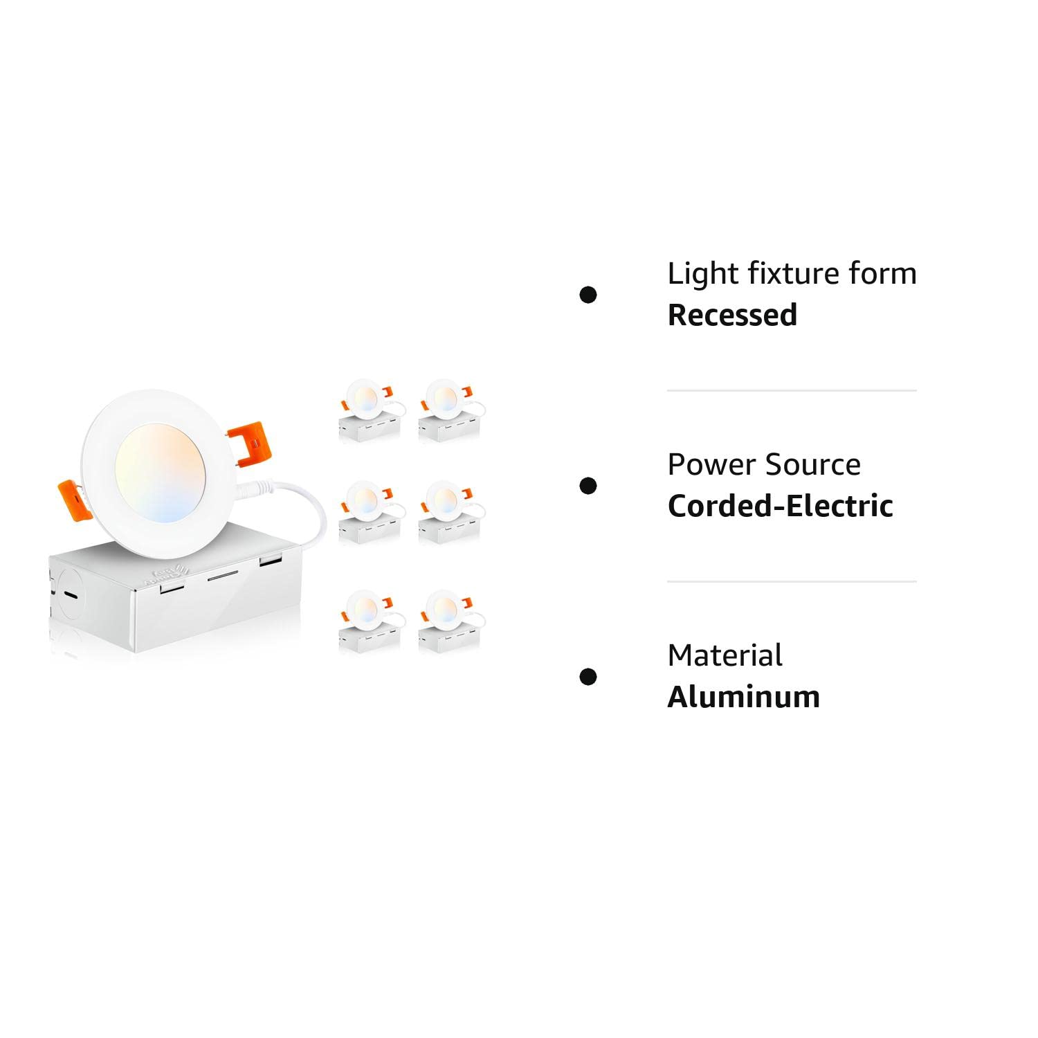 CLOUDY BAY 3 inch 5 Color Ultra Thin LED Recessed Light with Junction Box, Canless Wafer Downlight, IC Rated, 8W CRI90+, 5 Color Temperature Selectable, Illumination Diameter 1-7/8inch,White, 6 Pack