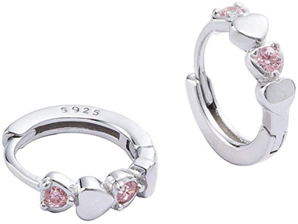 Double Love Heart Pink CZ 925 Sterling Silver Huggie Hoop Earrings for Women & Girls - Hypoallergenic Cartilage Sleepers Jewellery, Tiny Cute Design for Sensitive Ears