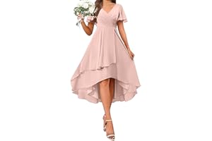 Mother of The Bride Dresses for Wedding Women Tea Length Swing Chiffon Dress Ruffle Short Sleeve V Neck Evening Dress