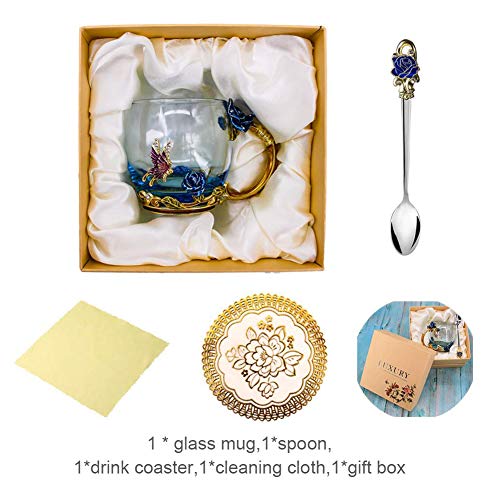 Tea Cup Coffee Mug Cups, Clear Glass Coffee Cups Tea Mugs with Spoon Set Handmade Enamel Butterfly Rose Flower,12 oz (Blue Rose) Ideal for Friend Wedding Anniversary Birthday Presents