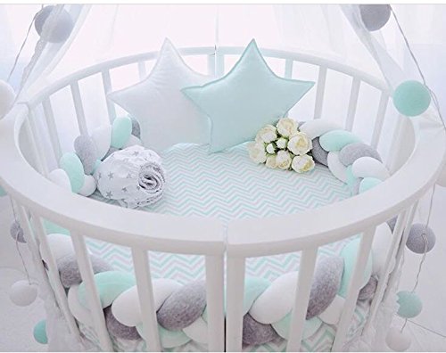 LOAOL Baby Crib Bumper Knotted Braided Plush Nursery Cradle Decor Newborn Gift Pillow Cushion Junior Bed Sleep Bumper (4 Meters, White-Gray-Green)