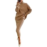 chouyatou Women's Chunky 2 Piece Outfits Turtleneck Knit Sweater and Maxi Bodycon Skirt Sets