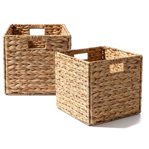 BSJIASHIWEI 2 Pack Water Hyacinth Storage Baskets, Decorative Handwoven Wicker Baskets with Handles, Foldable Organizer Baskets for Home Storage, 30cm x 30cm x 30cm