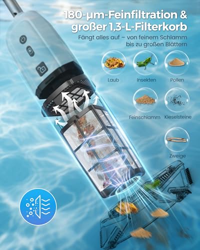 2026 Upgrade Pool Vacuum Cleaner Battery, Pool Handheld Vacuum Cleaner with Operating Time up to 70 Minutes, 250 cm Extension Poles, Pool Cleaner with 180 μm Filter, Ideal for Above Ground Pool and