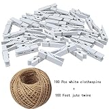 jijAcraft Wood Clips,White Clothespins,100 Pcs Wooden Clothespins with 100 Feet Jute Twine,3.5cm Photo Paper Peg Pin Craft Mini Clips
