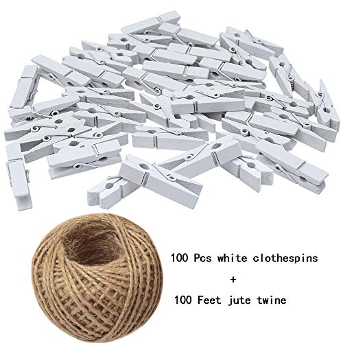jijAcraft Wood Clips,White Clothespins,100 Pcs Wooden Clothespins with 100 Feet Jute Twine,3.5cm Photo Paper Peg Pin Craft Mini Clips