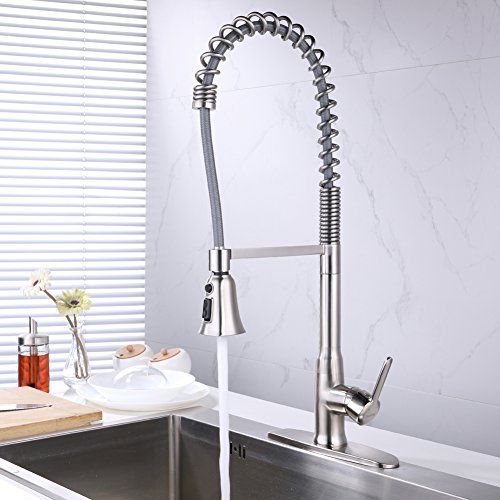 Lead Free Pull Down Kitchen Faucet With Pull Out Sprayer High Arc Single Handle Single Lever Pre-Rinse 304 Stainless Steel Spring Kitchen Sink Faucets With Deck Plate Brushed Nickel SonTiy