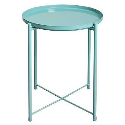 HollyHOME Metal Tray End Table, Small Round Side Blue