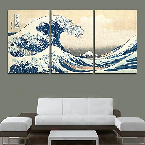 HtpArt seascape landscape canvas painting 3 panels traditional art scenery picture great Wave off Kanagawa Katsushika Hokusai (No Frame) Unframed htp26 36 inch x20 inch