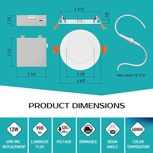 LUXTER (12 Pack) 4 inch Ultra-Thin Round LED Recessed Panel Light with Junction Box, Dimmable, IC Rated, 12W (60 Watt Repl.) 4000K Bright Light 900 Lm. No Can Needed ETL & Energy Star Listed