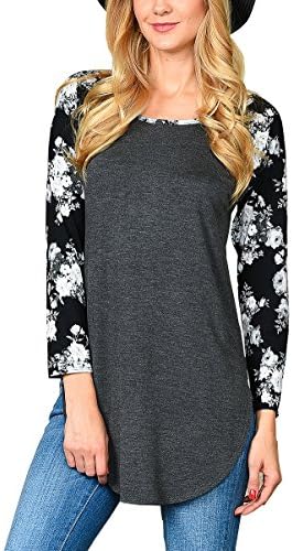 Sikimennzi Women's Block Floral Prints 3/4 Sleeves Tops Tee Shirt Casual Blouse
