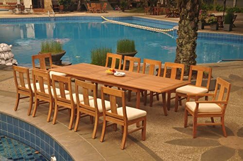 WholesaleTeakFurniture Grade-A Teak Wood 12 Seater 13 Pc Dining Set: 118" Double Extension Rectangle Table and 12 Osborne Chairs (2 Arm & 10 Armless Chairs) #WFDSOS92