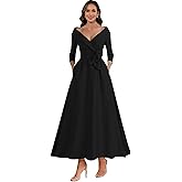 HGXUE Satin Mother of Bride Dresses Tea Length Long Sleeve Wedding Guest Dress with Pockets Eleagnt Formal Evening Party Gown