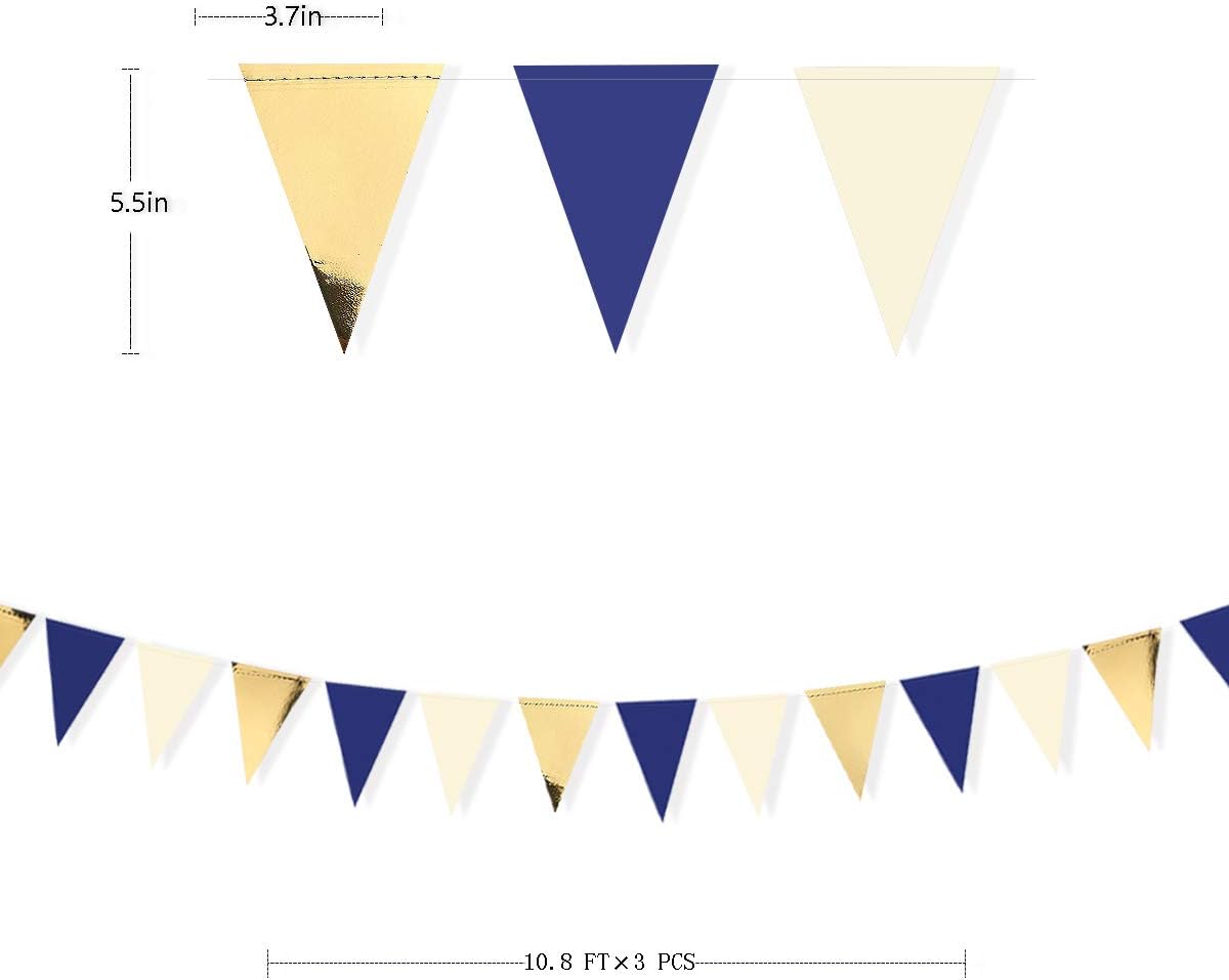 30 Ft Navy Blue Beige Gold Party Decorations Hanging Paper Triangle Flag Pennant Banner Bunting Garland for Bachelorette Engagement Wedding Birthday Bridal Shower Anniversary Hen Christmas Party Decor - Image 3