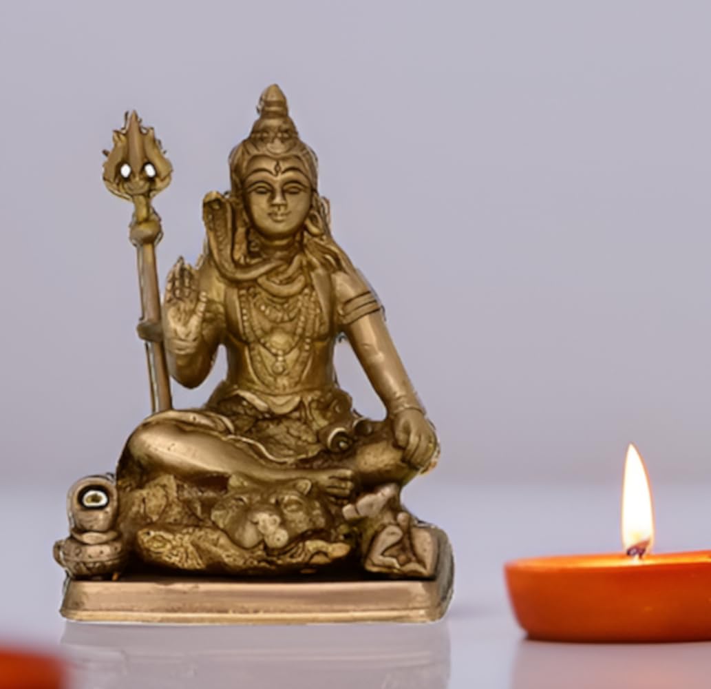Purpledip Brass Statue Idol Of Lord Shiva Mahadev With Trishool: For Home Temple, Office Table Or Shop Puja Shelf | Hindu Religious Gift (10717)
