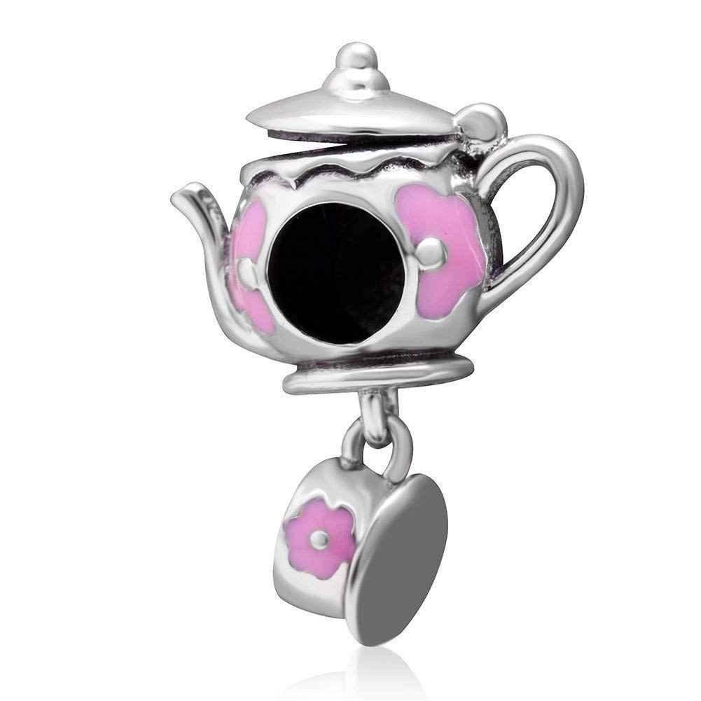 925 Sterling Silver Teapot Charm Cup Charm Family Charm Coffee Charm Love Charm Flower Charm for Pandora Charm Bracelet