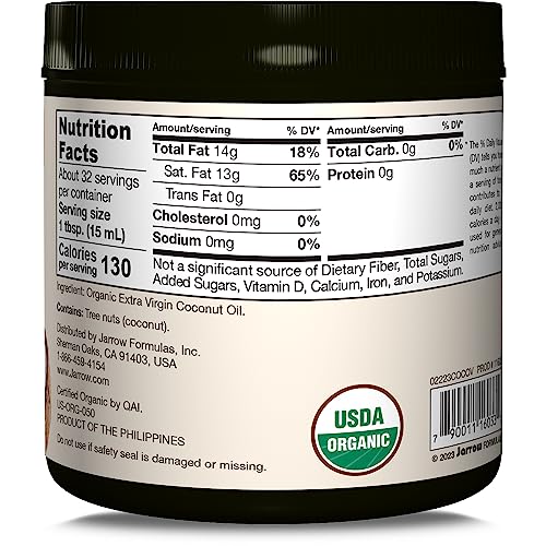 JARROW FORMULAS 100% ORGANIC COCONUT OIL, SUPPORTS CARDIOVASCULAR HEALTH, EXTRA VIRGIN, 16 OUNCE