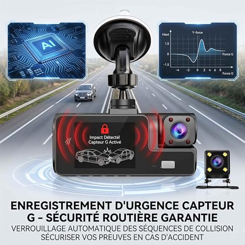 Dashcam 3 Cameras 1080P Full HD | Maximum 360° Security with No Dead Angle, Night Vision and Parking Monitored, Built-in WiFi Motion Detection, Ideal for Drivers